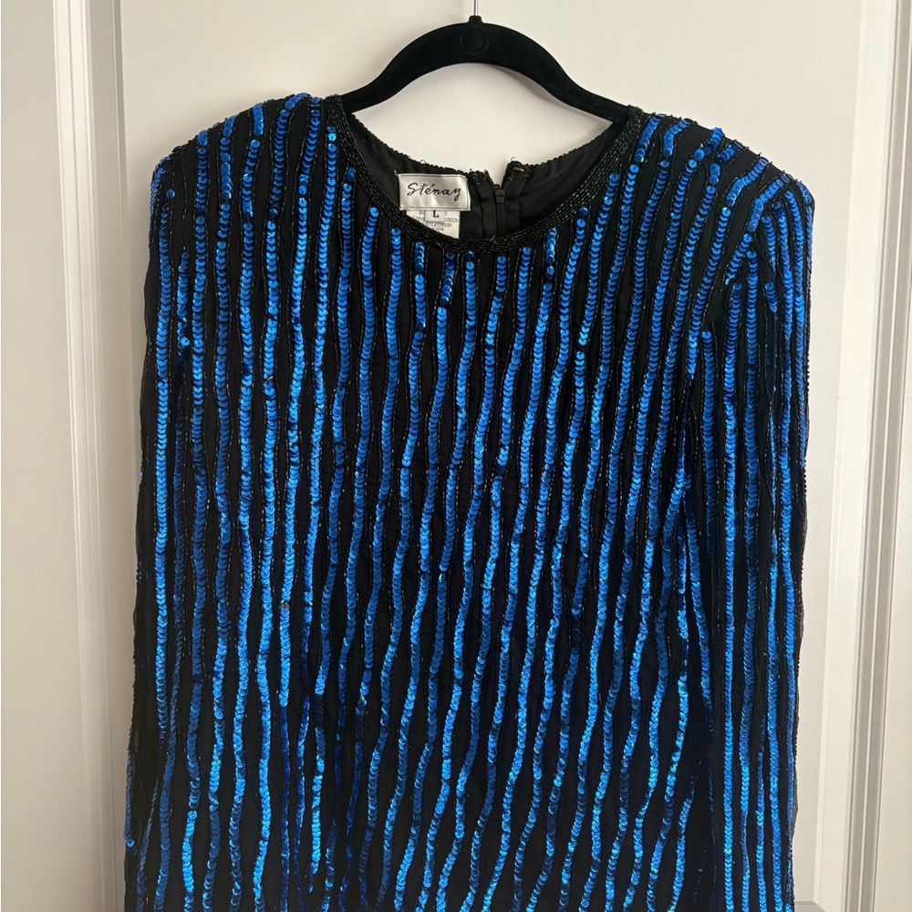 Black Sequin-Striped Long Sleeve Blouse - Blue Accents